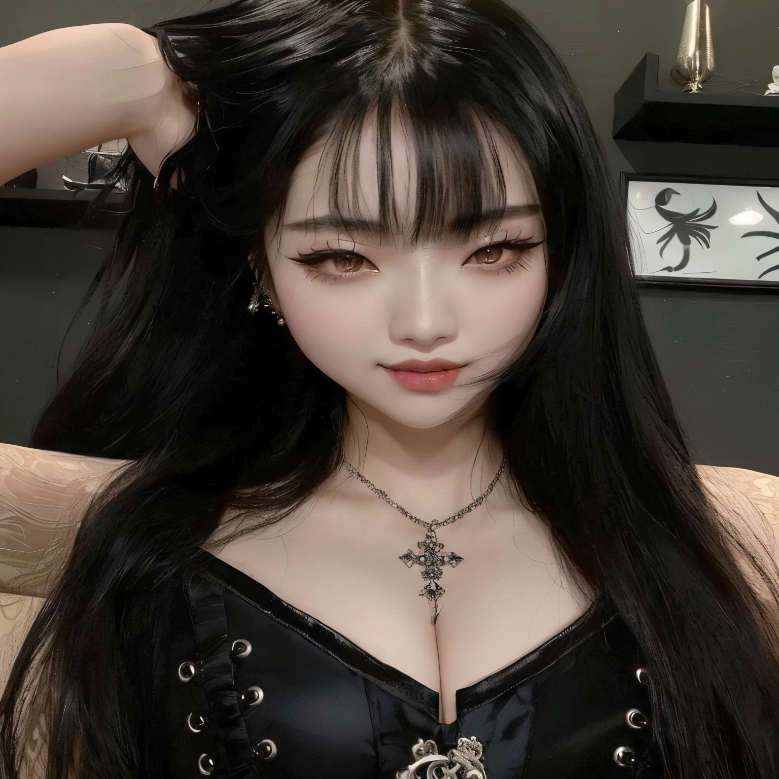 araffed asian woman with long black hair wearing a corset, cruel korean goth girl, with long hair and piercing eyes, she has black hair with bangs, lalisa manobal, korean girl, 1 7 - year - old goth girl, ulzzang, 1 7 - year - old anime goth girl, jaeyeon nam, japanese goddess