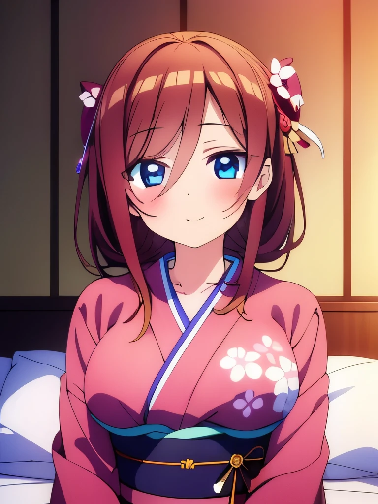 ((masterpiece)), ((best quality)), (ultra-detailed), anime style, on the bed, a cute girl, 1girl, solo, kimono, japanese cloth, ((beautiful eyes)), smile, ((open chest)),