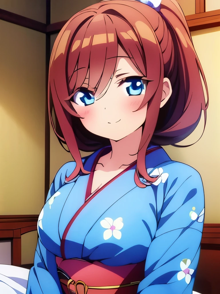 ((masterpiece)), ((best quality)), (ultra-detailed), anime style, on the bed, a cute girl, 1girl, solo, kimono, japanese cloth, ((beautiful eyes)), smile, ((open chest)),