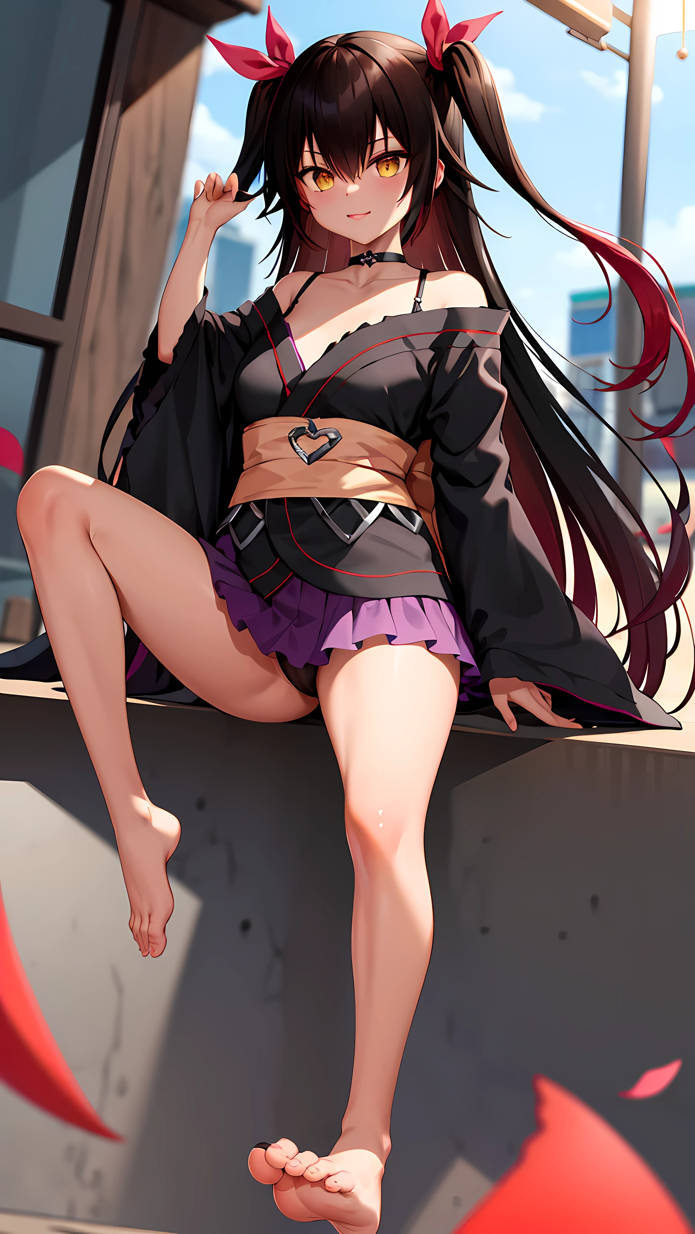 masterpiece, highest quality, High resolution, anaemia, Long Hair, Black Hair, Both sides up, Hair Ribbon, Sunburn,. Dark Skin, Black Choker, Frills, kimono, (Black kimono:1.2), heart, Purple Skirt, sSunburnding, Low - Angle, sexy, feet, Outdoor,
