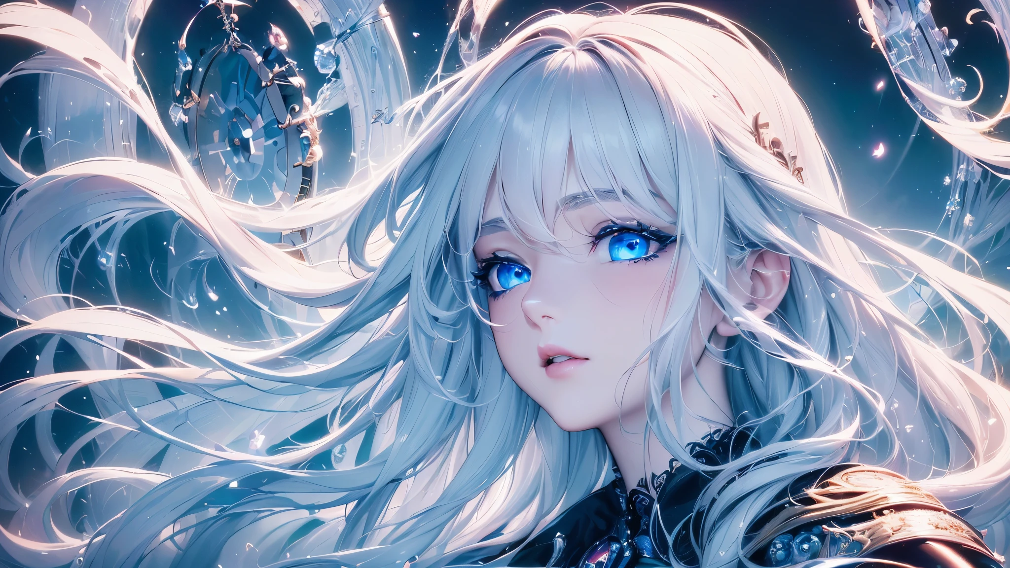 4K quality:1.2,1girl,sense of deps,disorganized,catch light,Super beautiful illustration,((White,long hairstyles:1.3)),dark dark eyeshadow,(((4k,super beautiful,In detail,blue eyes))),bright red lipstick,gothic ****ta,;D,beautiful and delicate hair