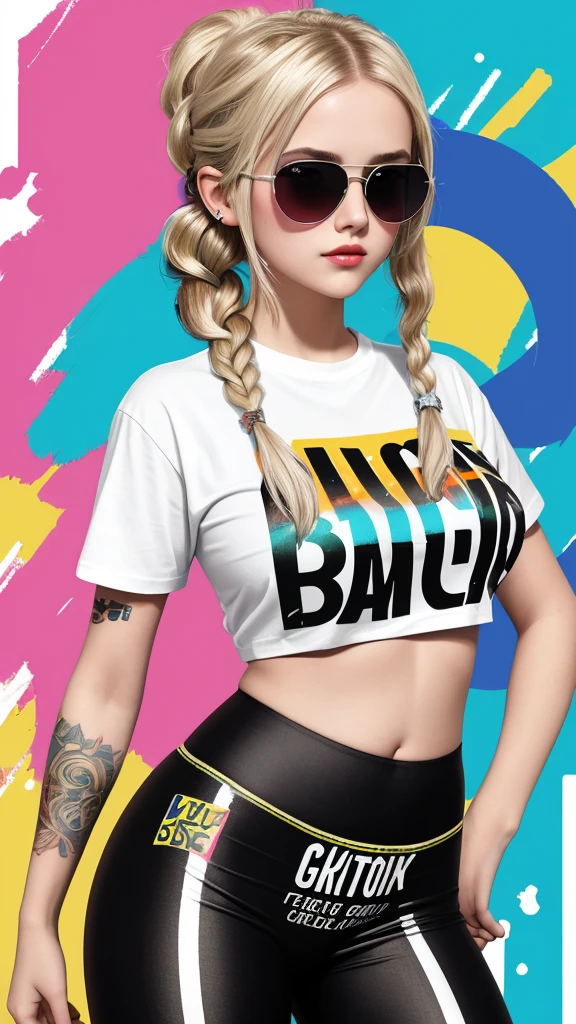Teenage girl, white braid, sunglasses, gorgeous face, colour splash T-shirt with letter graffiti print, complex details, big breasts, diaphragm, tattoo, tights, skinny, pretty belly, garage background, 30k, exquisite clothing details, high profile.