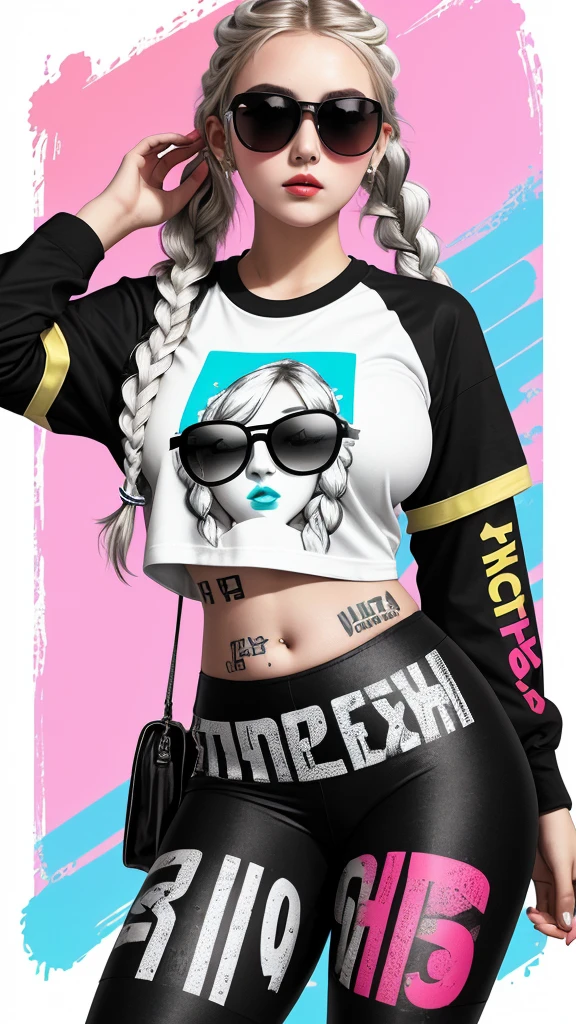 age girl, white braid, sunglasses, gorgeous face, colour splash T-shirt with letter graffiti print, complex details, big breasts, diaphragm, tattoo, tights, skinny, pretty belly, garage background, 30k, exquisite clothing details, high profile.