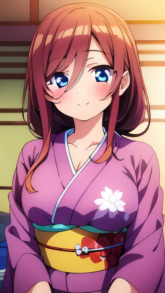 ((masterpiece)), ((best quality)), (ultra-detailed), anime style, on the bed, a cute girl, 1girl, solo, kimono, japanese cloth, ((beautiful eyes)), smile, ((open chest)),