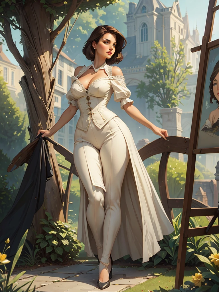 A beautiful woman with large elegant, hawk-like-nose, who embodies old fashioned class, sophistication, elgance as well as wholesome, natural beauty. curvy, thin-waist, wide-hips, swaying-hips. In the combined styles of painters Greg Rutkowski, Thomas Kinkade
