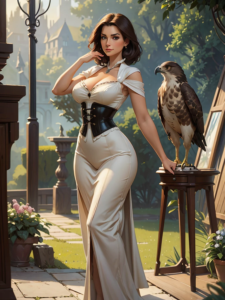 A beautiful woman with large elegant, hawk-like-nose, who embodies old fashioned class, sophistication, elgance as well as wholesome, natural beauty. curvy, thin-waist, wide-hips, swaying-hips. In the combined styles of painters Greg Rutkowski, Thomas Kinkade
