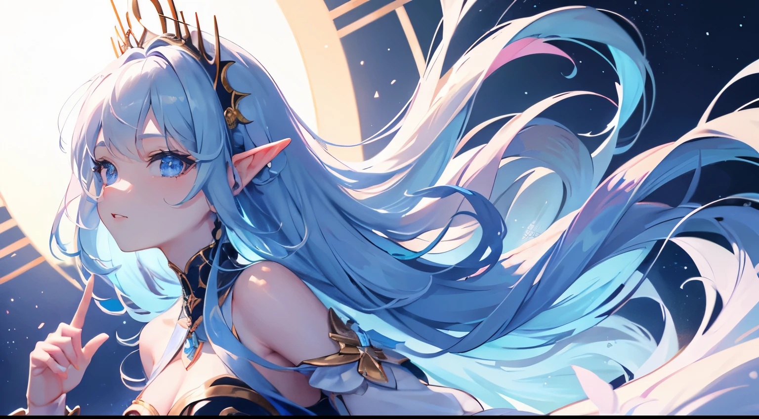 1 chica,Obra maestra, (8k, mejor calidad, Obra maestra:1.2),Muy detallado,ultra detallado,clase maestra,mejor calidad,illustration,Perfect lighting, Beautiful female, young, fine features. Her skin is pale as the snow with a nice blush on her cheeks and nose. Her eyes are siren shaped ones, shinny blue, with long bautiful lashes. Her hair is long and white, straight and glossy. Has perfect Elf ears. darkness, cool tones, ethereal lighting. Heart shaped bangs, fluffy hair