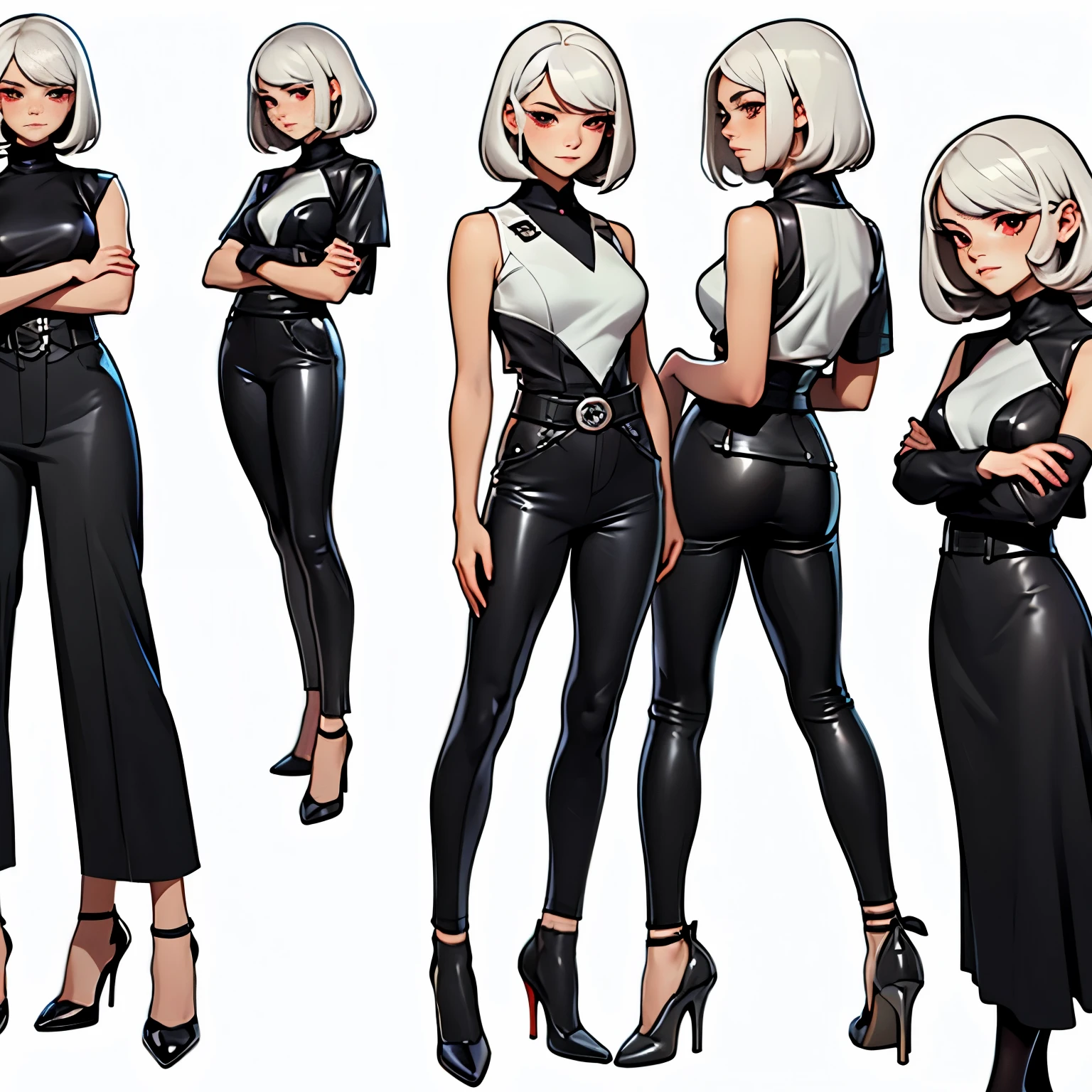 Generate an anime-style character sheet for me. 28-year-old white/caucasian female. ((She is standing: 1.3)) she has a short white hairstyle. ((Her hair is shaved on one side and on the other side she has very long, white bangs: 1.3)). She has red eyes and freckles on her nose. She wears a tight black sleeveless leather top and sexy shiny black leather tight leggings. She wears shiny black high heels. She poses reserved and cold, keeping her right arm crossed holding her shoulder and her left arm crossed holding her waist. The girl is looking at the camera. Her face is expressionless and hostile. Original concept, illustration, high quality, ultra detailed, masterpiece, spectacular, full length portrait.