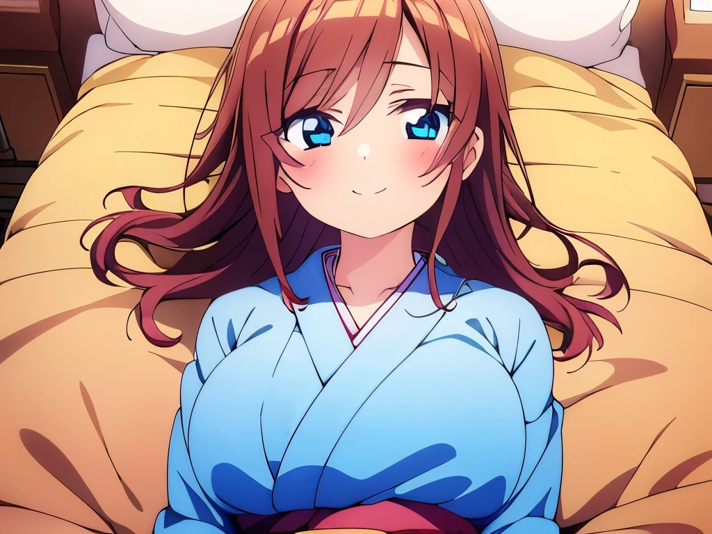 ((masterpiece)), ((best quality)), (ultra-detailed), anime style, on the bed, a cute girl, 1girl, solo, kimono, japanese cloth, ((beautiful eyes)), smile, ((open chest)),
