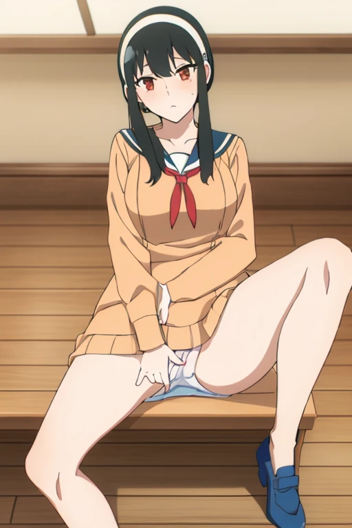 (masterpiece, highest quality: 1.2), alone, 1 girl, alone, ((Cotton panties with crotch)),,(((Squirting))),Sailor suit,your heather,View your viewers, Long 黒 hair, head band, Earrings, Big Breasts, Medium Waist, Medium Hips, wide thighs, Embarrassing, charm, Good move...., Excellent anatomy,Browsing Caution,classroom,,Sailor suit,,(((put your hand inside your panties))), (( Masturbating by touching the vagina with your fingers)), love juice spilling on the floor, liquid splashing from girl'Between the legs,whole body,nsfw,sitting on desk,love juice spilling on the floor, liquid splashing from girl'Between the legs,