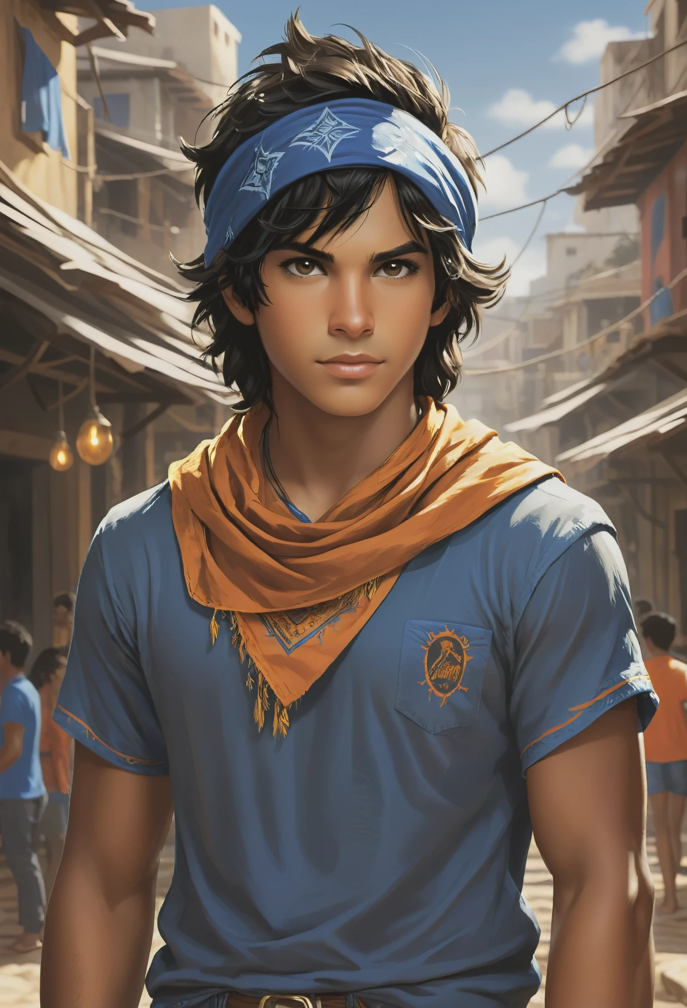 um rapaz com a pele branca, but more tanned at around 18 years old, almond brown eyes, black hair with a basic blue bandana on the forehead, com uma camiseta laranja, em um acampamento, include Percy Jackson reference. Usando uma jaqueta do homem aranha, (estilos: desenho,caarton um pouco realista)