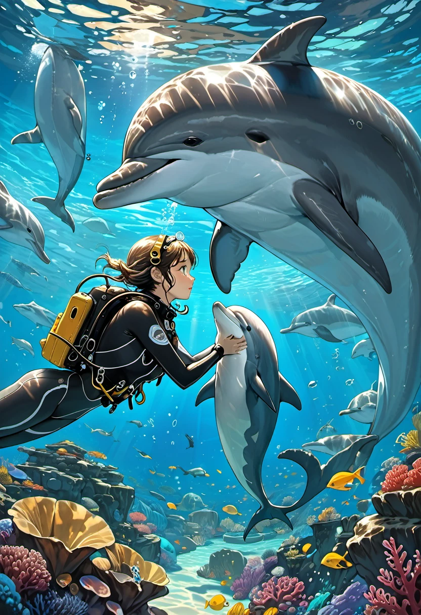 a Diving suit girl underwater face to face with a cute dolphin, (masterpiece, best quality, Professional, perfect composition, very aesthetic, absurdres, ultra-detailed, intricate details:1.3), by Studio Ghibli