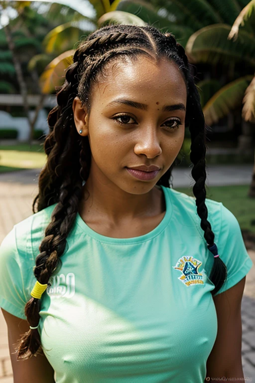 obra de arte, Fotografia crua, mulher de pele escura, sentado, joelhos para cima, cotovelos dobrados, iluminado pela luz solar, camisa sem mangas, Shorts longos, Reflexo de lente, dof, fundo bem iluminado, pele de caramelo, pele detalhada, rosto detalhado, realistic box braids or dreadlocs hairstyle, no Parque