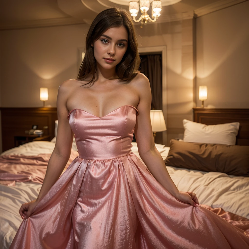 jeune femme de 25 ans, brune, professional lighting, flash lighting, silk evening dress, pink evening dress, bare shoulders, ruban rose autour du cou, dans une villa de luxe