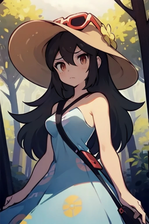 masterpiece, super detail, best quality, beautiful girl, sightseer_pokemon, troubled face, (gloomy forest), darkness, cowboy shot