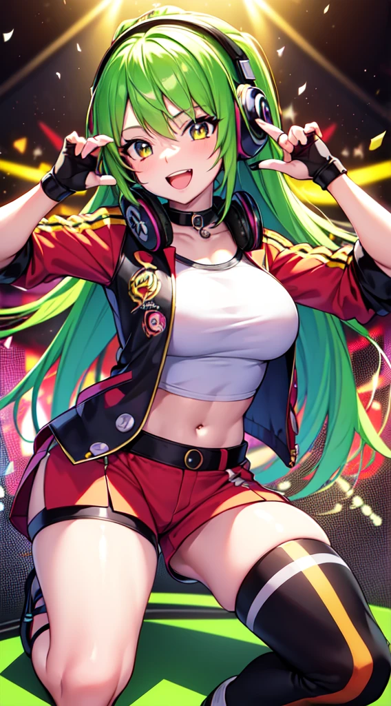 anime girl,club jacket and shorts, headphones,DJ turntable set,club lighting,stage,confetti,dancing,smiling,(best quality:1.2),(ultra-detailed:1.2),(realistic:1.37),HDR,vivid colors,portraits,shorts,headphone girl,energetic pose,colorful lights,stage set,confetti raining,joyful expression,dance floor ,anime style, atmosphere,techno music,electronic dance music,festival vibes,hip hop beats,festival outfit,energetic dance moves,expressive eyes,long hairstyle with vibrant green and red color hair, gold eyes, elaborate makeup neon lights,beaming smile,positive vibes,high-energy performance,stylized backgrounds,colorful visuals,excitement in the air, upper body portrait, on one knee