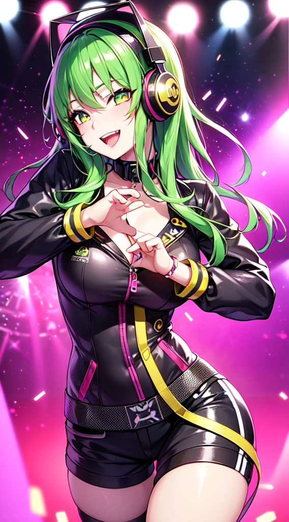 anime girl,club jacket and shorts, headphones,DJ turntable set,club lighting,stage,confetti,dancing,smiling,(best quality:1.2),(ultra-detailed:1.2),(realistic:1.37),HDR,vivid colors,portraits,shorts,headphone girl,energetic pose,colorful lights,stage set,confetti raining,joyful expression,dance floor ,anime style, atmosphere,techno music,electronic dance music,festival vibes,hip hop beats,festival outfit,energetic dance moves,expressive eyes,long hairstyle with vibrant green and red color hair, gold eyes, elaborate makeup neon lights,beaming smile,positive vibes,high-energy performance,stylized backgrounds,colorful visuals,excitement in the air, upper body portrait, on one knee