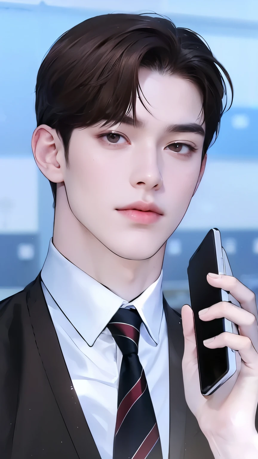 Masterpiece of man, Adult man with firm facial features like an Korean man, brown eyes, his nose is sharp, mature, brown eyes, neat short brown hair, very handsome, white, clean, smooth skin