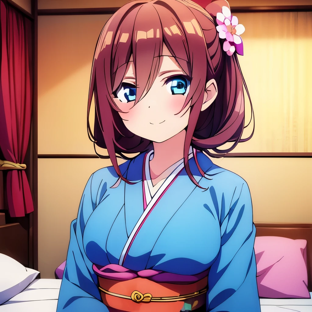 ((masterpiece)), ((best quality)), (ultra-detailed), anime style, on the bed, a cute girl, 1girl, solo, kimono, japanese cloth, ((beautiful eyes)), smile