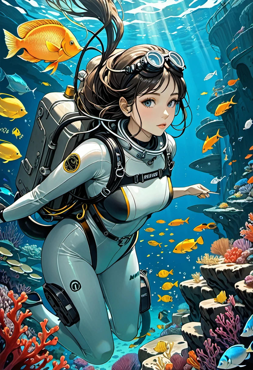 a Diving suit girl underwater, fish group, (masterpiece, best quality, Professional, perfect composition, very aesthetic, absurdres, ultra-detailed, intricate details:1.3), by Studio Ghibli