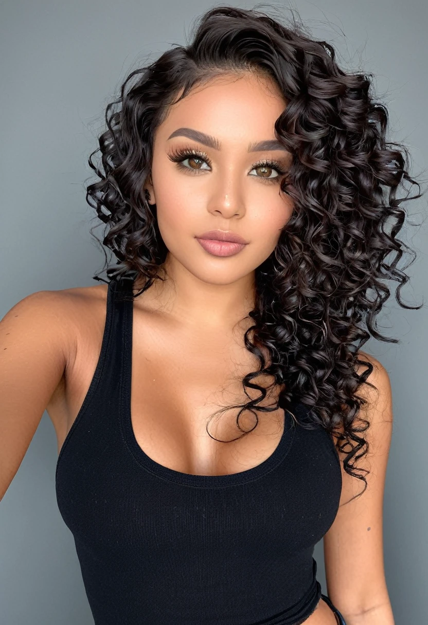 Capture the essence of casual beauty and allure with a radiant 25-year-old woman. With her cery long curly brown hair cascading around her mid back, she exudes effortless charm and elegance. This African American-Caucasian beauty opts for a relaxed yet stunning black tank top, complementing her figure with ease. Enhanced by subtle eye liner and lash extensions, her gaze captivates effortlessly. Adorned with tattoos and a nose piercing, she adds a touch of personal flair to her ensemble. In a casual selfie, she radiates confidence against a grey backdrop, embodying a captivating blend of casual allure and timeless beauty.
