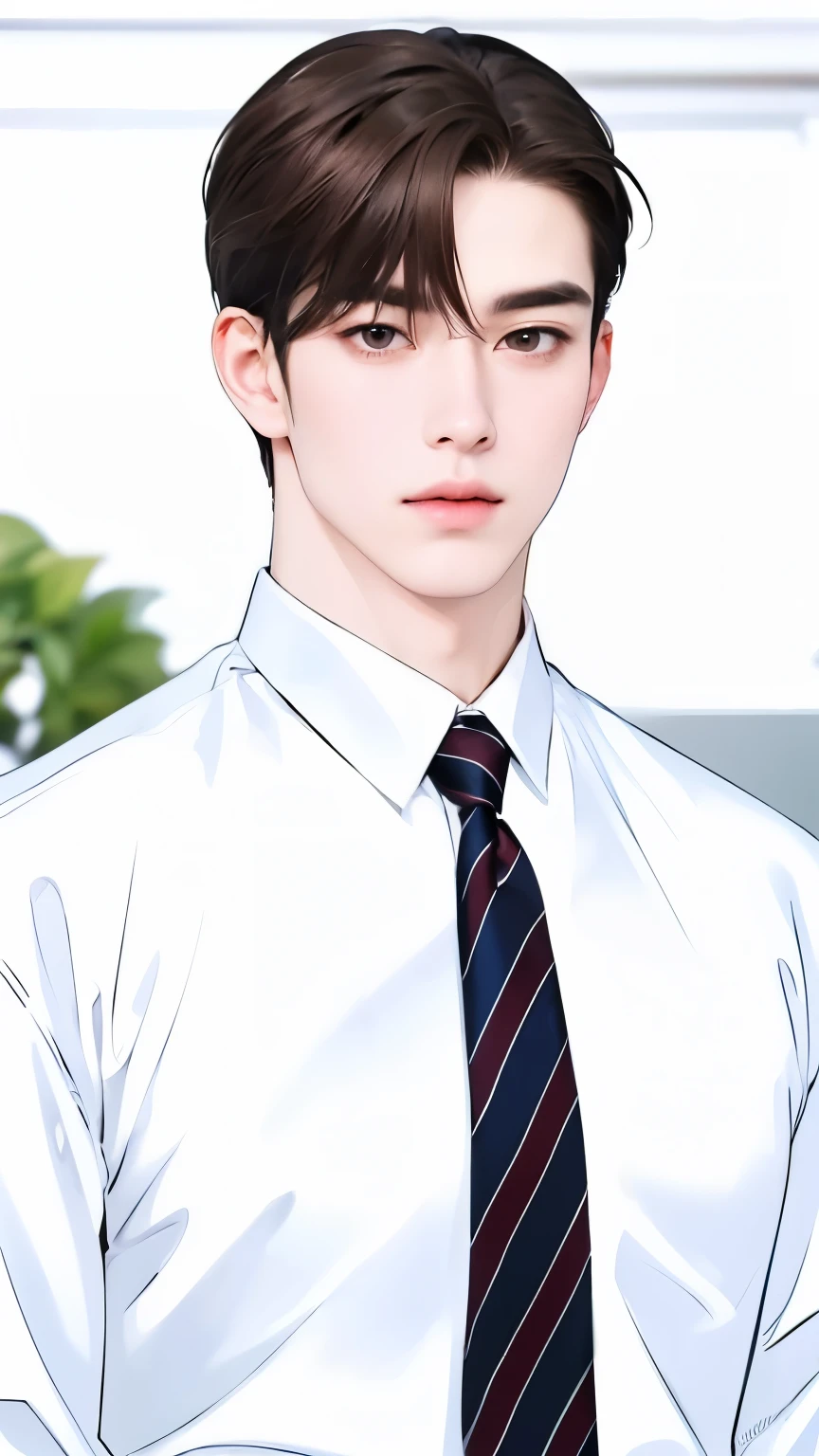 Masterpiece of man, Adult man with firm facial features like an Korean man, brown eyes, his nose is sharp, mature, brown eyes, neat short brown hair, very handsome, white, clean, smooth skin, masterpiece of man, reality man, quality of man, real man