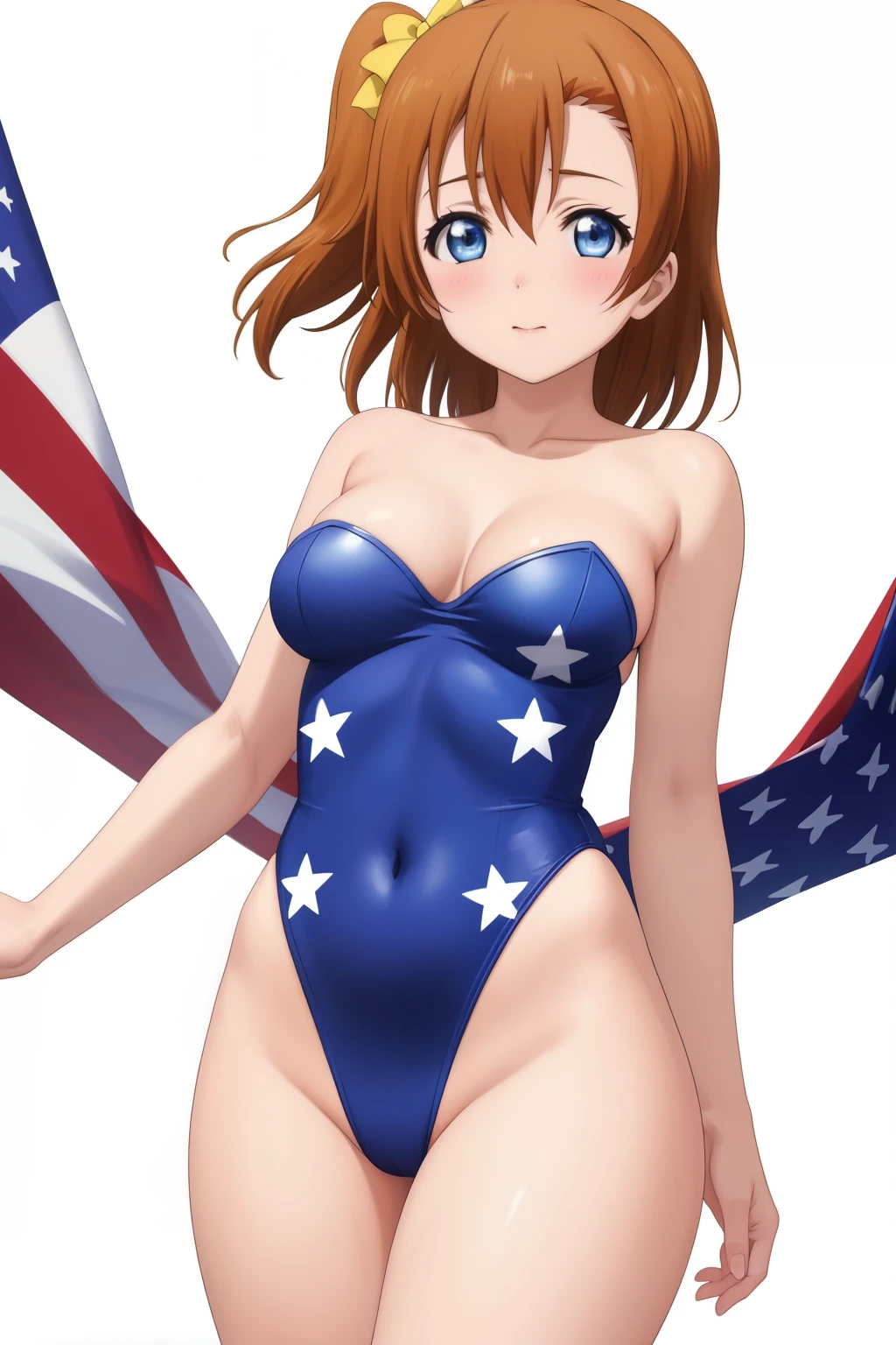 masterpiece, best quality,8k wallpaper, kousaka honoka, blue eyes, leotard, United States flag print,strapless, medium breasts, thighs, white background 