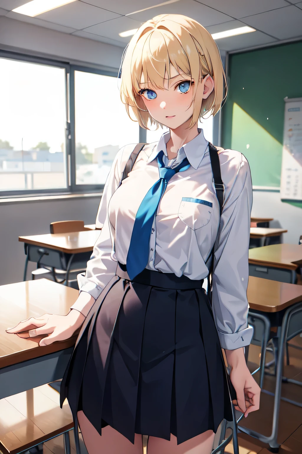 1girl,18y.o,blue eyes,blonde hair,mullet haircut,short hair,school outfit,medium tits size,classroom background