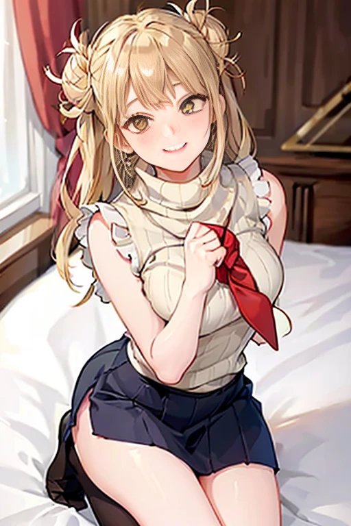 (Light Beige Turtleneck Sleeveless Knit)、pencil skirts、20 year old girl, breasts of medium size,, Tron bulge in the chest、Pinch your chest with your arms、brown haired、Long Wave Hair、hotels room, a necklace、Earring、knee high stockings、 ((Very detailed)), Shy smile、Kamimei、(Perfectly detailed face), (Well detailed hands) Photorealistic images、full body seen、emphasis on the buttocks、lyin in bed