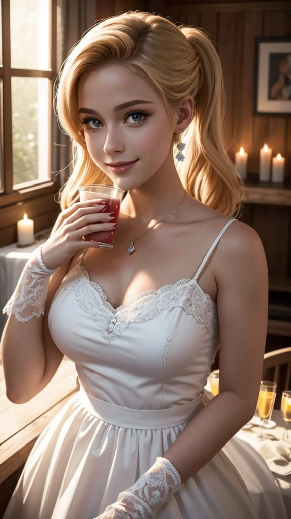 Betty Cooper est l'héroïne de la série Riverdale. Photo prise dans une soirée étudiante. Souriante, she has a cup of punch in her hand. Beauté d'étudiants qui s'amusent (boivent et dansent) autour d'elle. Photo prise dans le salon d'une maison pendant la fête.