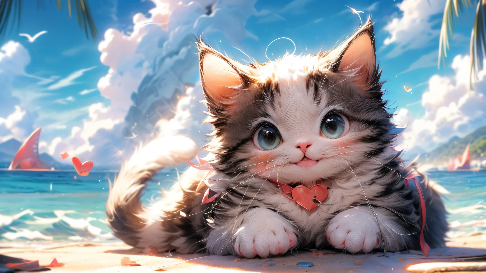 absurdo, ultra detallado,color brillante,(8k:1.5),pieza masetero,los corazones vuelan,paisaje brillante、Para eso, cielo abierto azul,(ojos azules profundos:1.4) valle、PIEL ROSA、summer morning、(cat paradise),