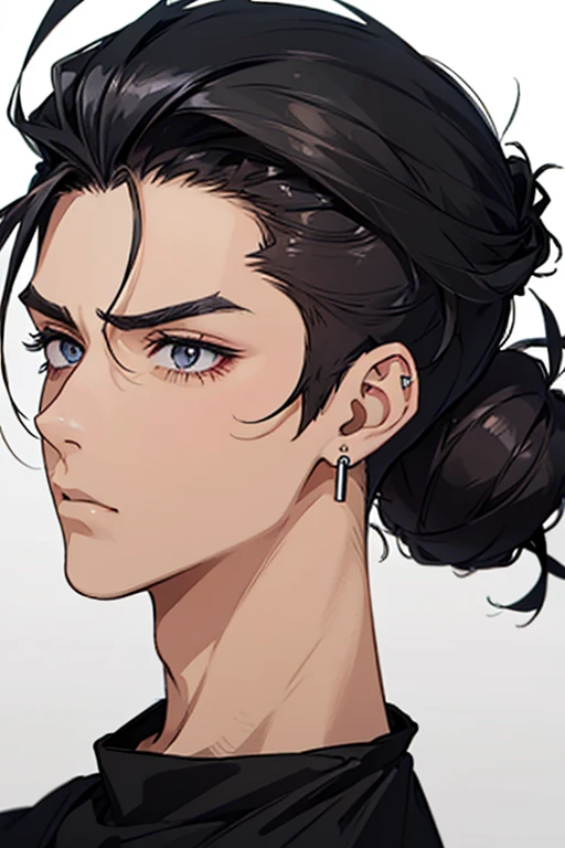 man gradient anime young black hair with low bun shaved sides turns hair to the left side in the middle serious face with black earrings sweatshirt