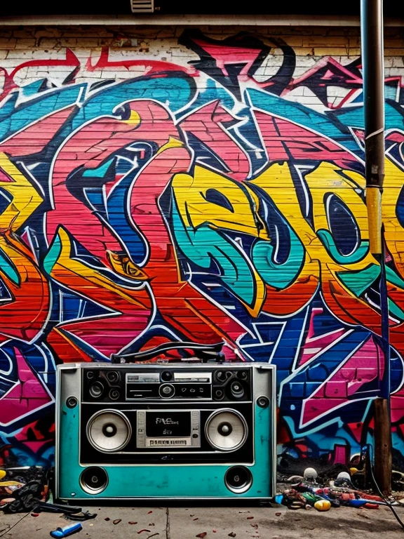 RUN DMC,south bronx hiphop, hip hop, wrap ,Graffiti art, against the backdrop of the city,(80's), (Boombox), Intricate details, Super detailed , Cinema Soft Light, Exposure Blending, Dynamic Range, front