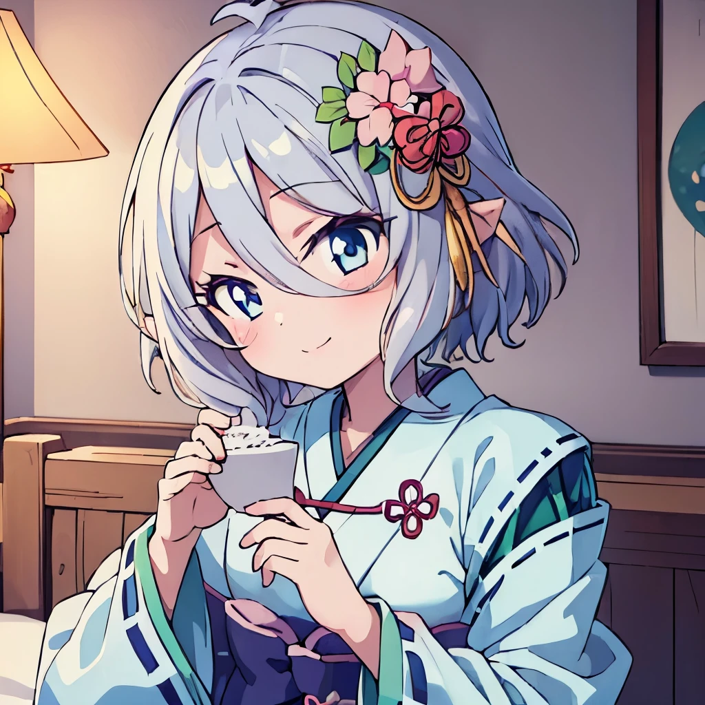 ((masterpiece)), ((best quality)), (ultra-detailed), anime style, on the bed, a cute girl, 1girl, solo, kimono, japanese cloth, ((beautiful eyes)), smile