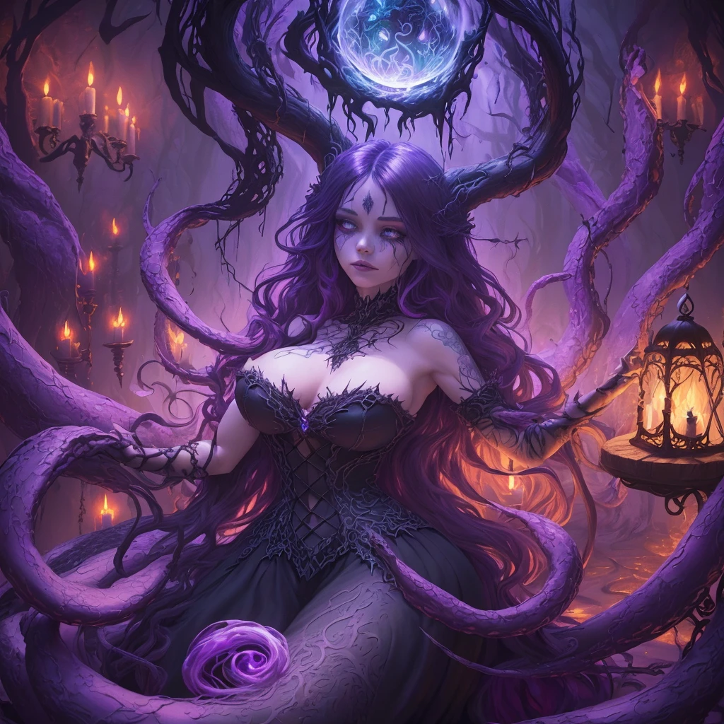 (best quality,highres),lovely witch, Malaysian, 30, tangled hair, busty, big butt, hourglass figure, extensive tattoos, mismatched eye colors, at a Halloween Spa, receiving a relaxation massage from eldritch tentacles, oil painting, ultra-detailed, vibrant colors, fantasy artwork, glowing ambiance, ethereal lighting, mystical atmosphere, dark fantasy aesthetic, hauntingly beautiful scenery, enchanting background, dreamlike setting, vivid and contrasting color palette, shadowy corners, soft and warm lighting, magical touches, alluring and seductive presence, eerie vibes, hypnotic tentacles, mesmerizing movements, surreal composition, witchcraft, mysterious and captivating portrayal, intricate details, brushstrokes capturing the essence, spellbinding atmosphere, magical aura, bewitching beauty, enchantment and relaxation entwined, a place where darkness and relaxation meet, an otherworldly experience, a moment frozen in time, capturing the witch's pleasure and tranquility, a mesmerizing masterpiece.