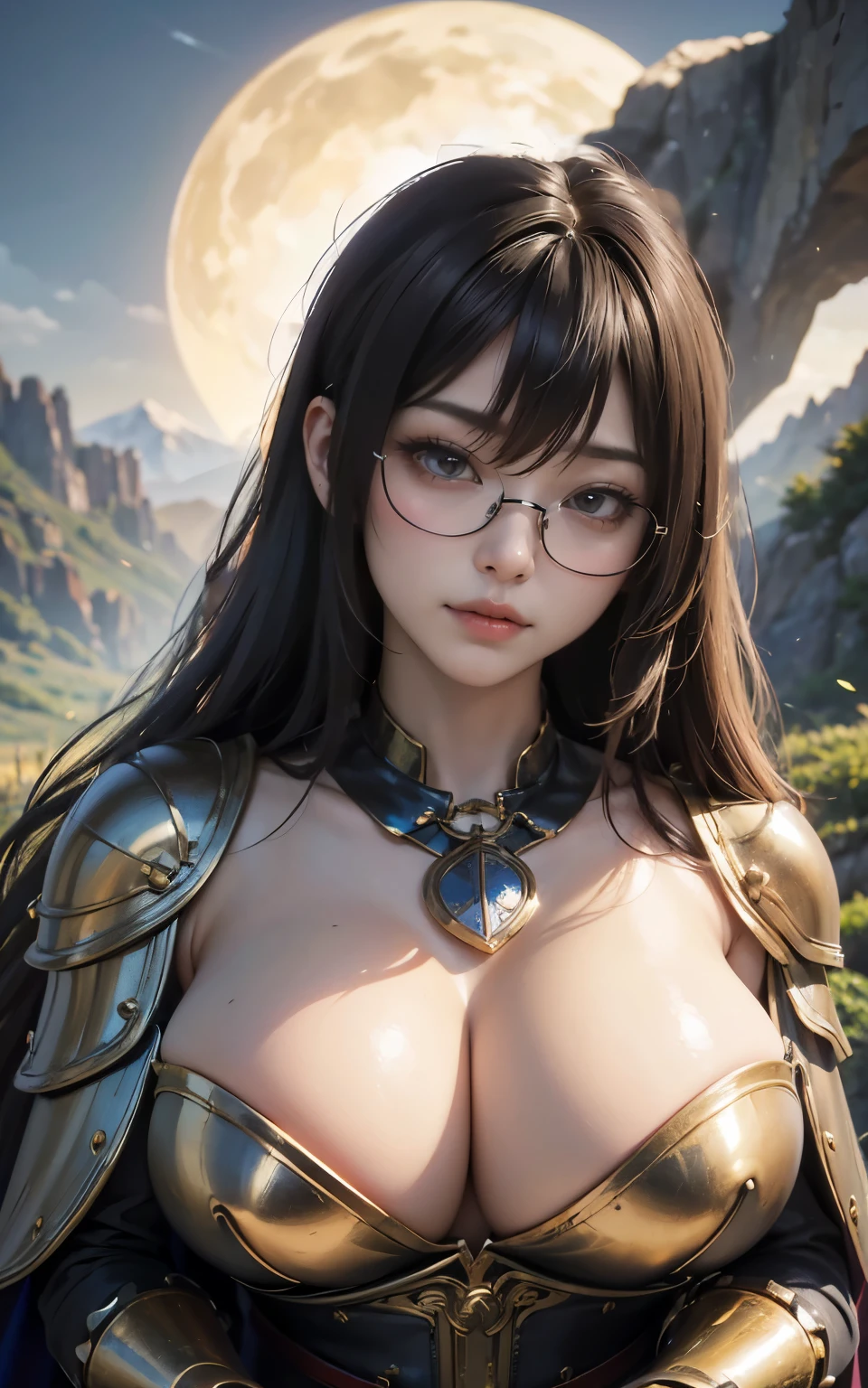 (masterpiece, highest quality, highest quality, Official Art, beautifully、beautiful:1.2), (One Girl:1.3), Light freckles, Fair skin, Very detailed, Portraiture, View audience, alone, (whole body:0.6), detailed background, close, (Warm Meadow theme:1.1), Paladin, Charlatan, Grin, Mysterious, Swaying in the mountains, modest clothing, ((((華やかな白と金の金属板armor)))), Cowl, nun food, Wimple, armor, Cowl, Robe, Chain mail, Chain mail, leggings, Chain mail leggings, Chain mail leggings, (armor breastplate), Tabard, throat, food, Scapula, Shingard, armor, Knee-high boots, Long sword, shield, Cape, Cape, pearlescent metal, White cloth, Light Leather, ((((Huge breasts)))), Tight waist, Slim Hips, Long legs, Medieval (The appearance of the mountain:1.1) background, dark Mysterious lighting, Shadow, Magical atmosphere, Dutch Angle,