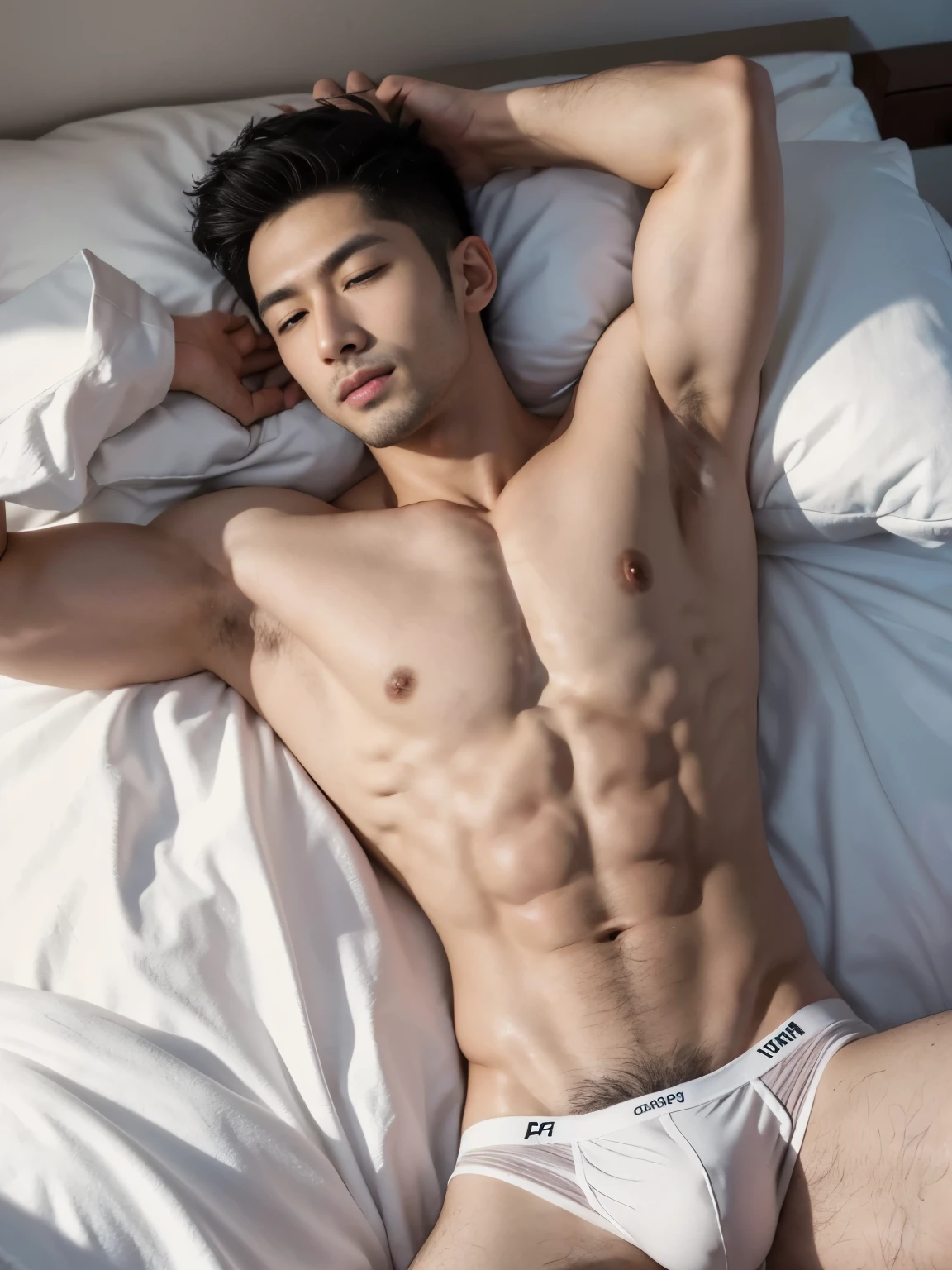 Arafed man in a briefs, handsome man, handsome guy, handsome arafed man, Full Body Shoot, male underwear, briefs, portrait, detailed facial parts, Manly, Charmer, Active Boy, sleeping, sleeping on bed, lie down, legs opened, harness, eyes closed, mouth opened, perfect anatomy, symmetric body, asian boy 25-year-old, shirtless :: high detail, asian, a little six packs attractive body, realistic, human skin, handsome chad chin, shirtless, handsome, lean muscle, attractive, slim, masculine, sexually attractive, human skin, (eyes contact), Handsome, Attractive, bulge in briefs, The crotch is raised, bright tone, realistic