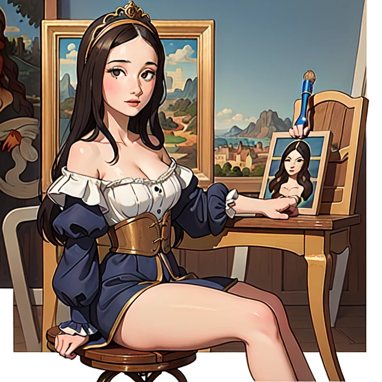 La Joconde, 25 ans, Mona Lisa, robe renaissance, posant dans un atelier de peintre, assise sur un tabouret, bodypainting