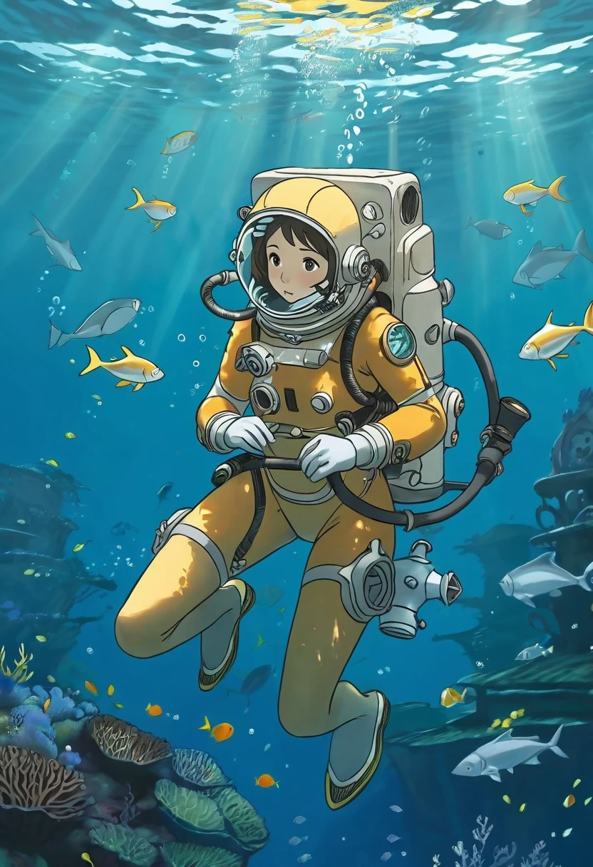 a Diving suit girl underwater, fish group, (masterpiece, best quality, Professional, perfect composition, very aesthetic, absurdres, ultra-detailed, intricate details:1.3), by Studio Ghibli