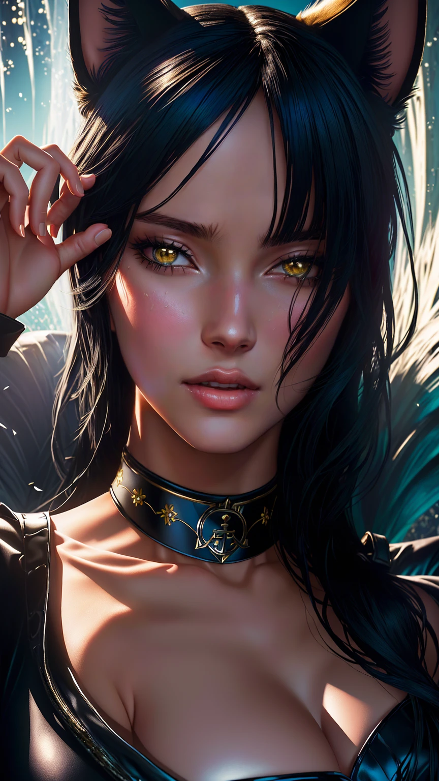 A girl with Nico Robin as the main theme. She has a mole under her eye and is adorned with jewelry, including an anchor choker and cat ears. Her expression is a pout, giving her a cute and playful look. The artwork has a border, giving it a framed and finished appearance. The depth of field is used to create a sense of focus on Nico Robin, while the surrounding elements are slightly blurred, adding a cinematic touch. The lighting is dramatic and cinematic, with strong contrasts and vibrant colors. The artwork has a touch of chromatic aberration, adding a subtle artistic effect. The level of detail is exceptionally high, capturing every aspect of Nico Robin's features, including her textured skin and vividly expressive eyes. Overall, the artwork is a masterpiece, showcasing the intricate beauty of Nico Robin in a stunning and captivating way.