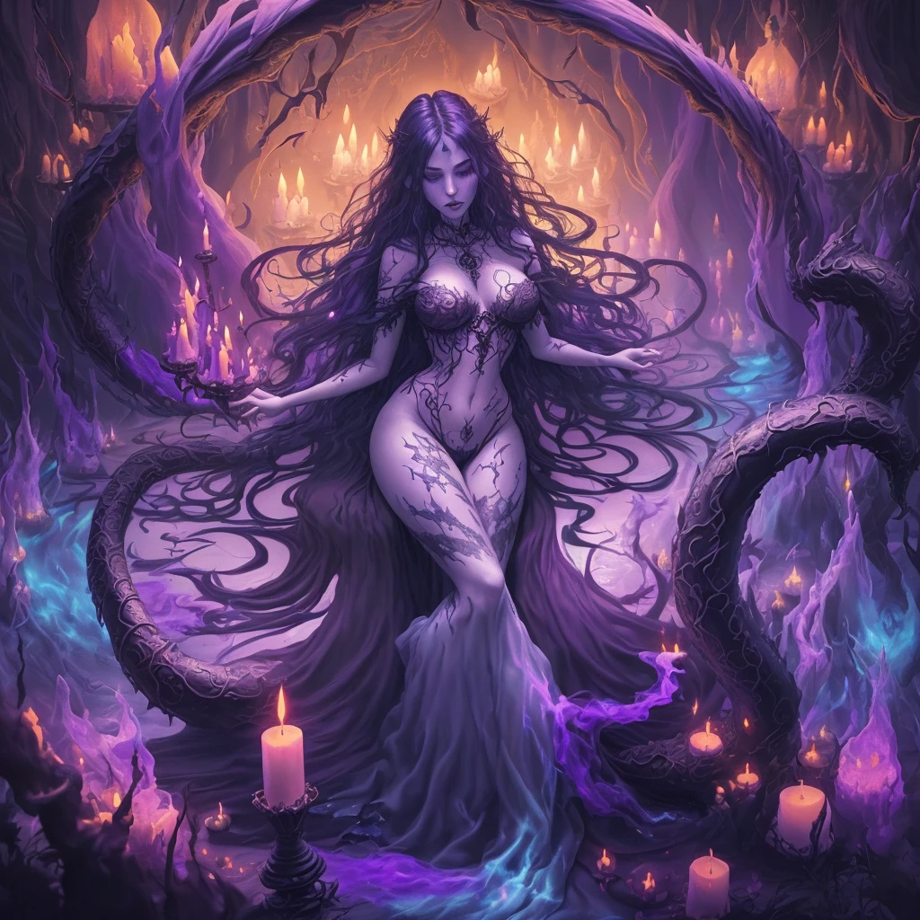 (best quality,highres),lovely witch, Malaysian, 30, tangled hair, busty, big butt, hourglass figure, extensive tattoos, mismatched eye colors, at a Halloween Spa, receiving a relaxation massage from eldritch tentacles, oil painting, ultra-detailed, vibrant colors, fantasy artwork, glowing ambiance, ethereal lighting, mystical atmosphere, dark fantasy aesthetic, hauntingly beautiful scenery, enchanting background, dreamlike setting, vivid and contrasting color palette, shadowy corners, soft and warm lighting, magical touches, alluring and seductive presence, eerie vibes, hypnotic tentacles, mesmerizing movements, surreal composition, witchcraft, mysterious and captivating portrayal, intricate details, brushstrokes capturing the essence, spellbinding atmosphere, magical aura, bewitching beauty, enchantment and relaxation entwined, a place where darkness and relaxation meet, an otherworldly experience, a moment frozen in time, capturing the witch's pleasure and tranquility, a mesmerizing masterpiece.