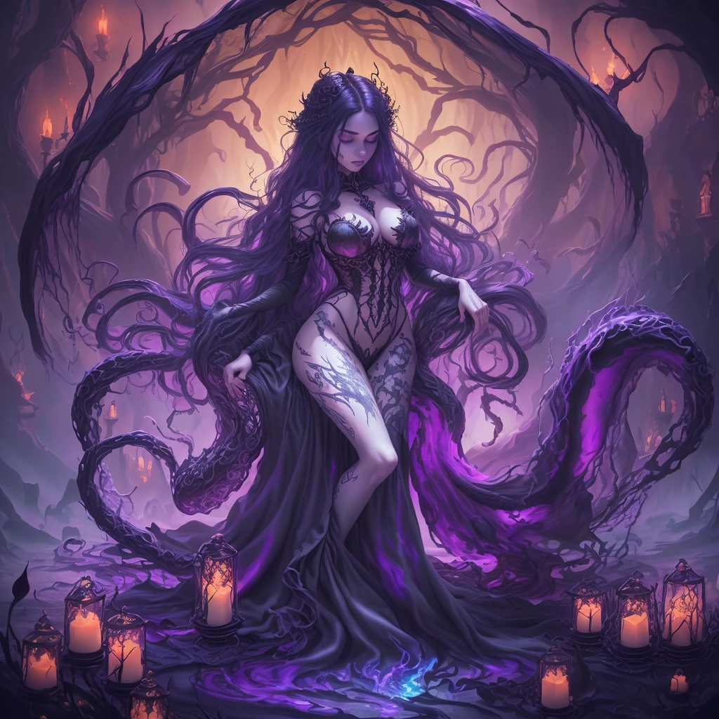 (best quality,highres),lovely witch, Malaysian, 30, tangled hair, busty, big butt, hourglass figure, extensive tattoos, mismatched eye colors, at a Halloween Spa, receiving a relaxation massage from eldritch tentacles, oil painting, ultra-detailed, vibrant colors, fantasy artwork, glowing ambiance, ethereal lighting, mystical atmosphere, dark fantasy aesthetic, hauntingly beautiful scenery, enchanting background, dreamlike setting, vivid and contrasting color palette, shadowy corners, soft and warm lighting, magical touches, alluring and seductive presence, eerie vibes, hypnotic tentacles, mesmerizing movements, surreal composition, witchcraft, mysterious and captivating portrayal, intricate details, brushstrokes capturing the essence, spellbinding atmosphere, magical aura, bewitching beauty, enchantment and relaxation entwined, a place where darkness and relaxation meet, an otherworldly experience, a moment frozen in time, capturing the witch's pleasure and tranquility, a mesmerizing masterpiece.