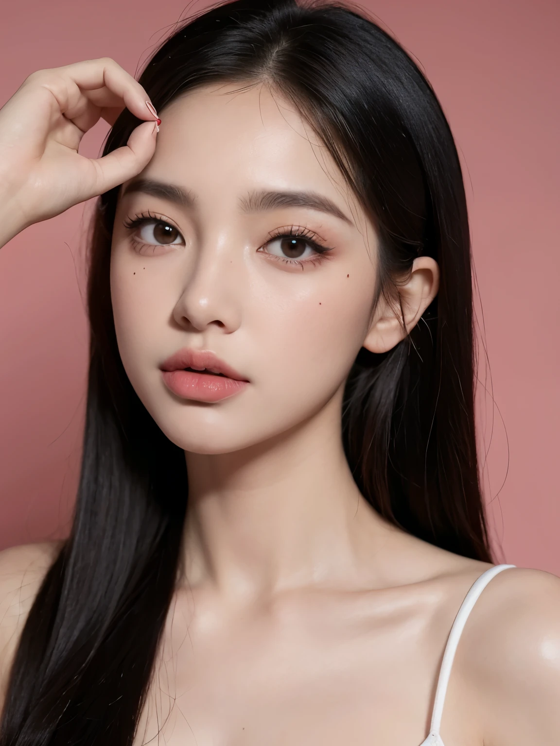Kim jennie con el cabello negro oscuro, con rulos en las puntas del cabello negro oscuro, con un ganchito de estrella en el cabello negro oscuro, ojos de color claro, ojos bonitos, ojos llorosos, nariz bonita y respingada, labios bonitos, labios rosas, heart and cupid shaped lip, piel bonita, pale, piel blanca, con lunares y pecas en todo el rostro, rubor rosa suave en las mejilla, rubor rosa natural, maquillaje suave y rosa, jennie, cuellos bonito, cuello marcado, frown, mirada enojada, con un collar de beso, un collar bonito de beso, mientras muestra sus pechos con un brasier de conchas del mar, mientras un brasier en forma de conchas de mar, con una falda roja, mientras tiene una falda suelta de color rojo, mientras tiene el abdomen desnudo, delgado, marcado y bonito, (pechos grandes, pechos suaves, pechos bonitos, pechos naturales), mirando a la camara, autofoto