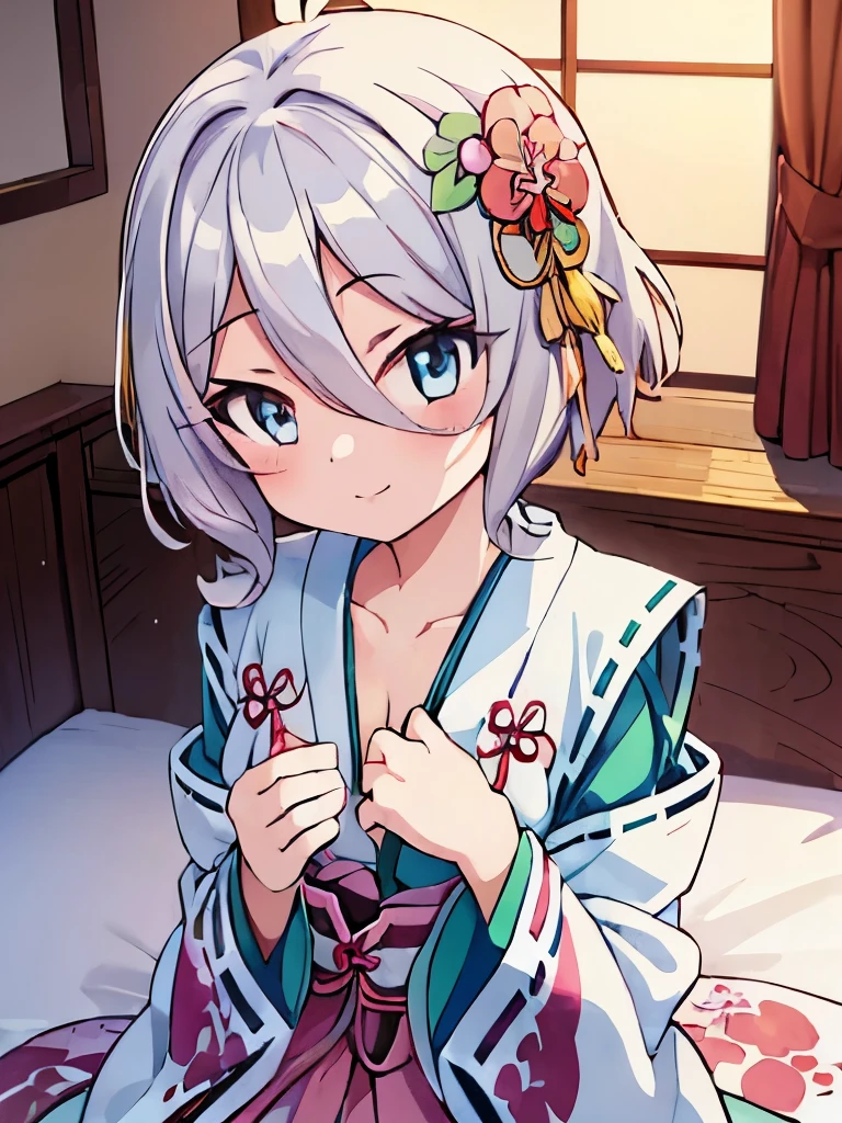 ((masterpiece)), ((best quality)), (ultra-detailed), anime style, on the bed, a cute girl, 1girl, solo, kimono, japanese cloth, ((beautiful eyes)), smile, ((open chest)),