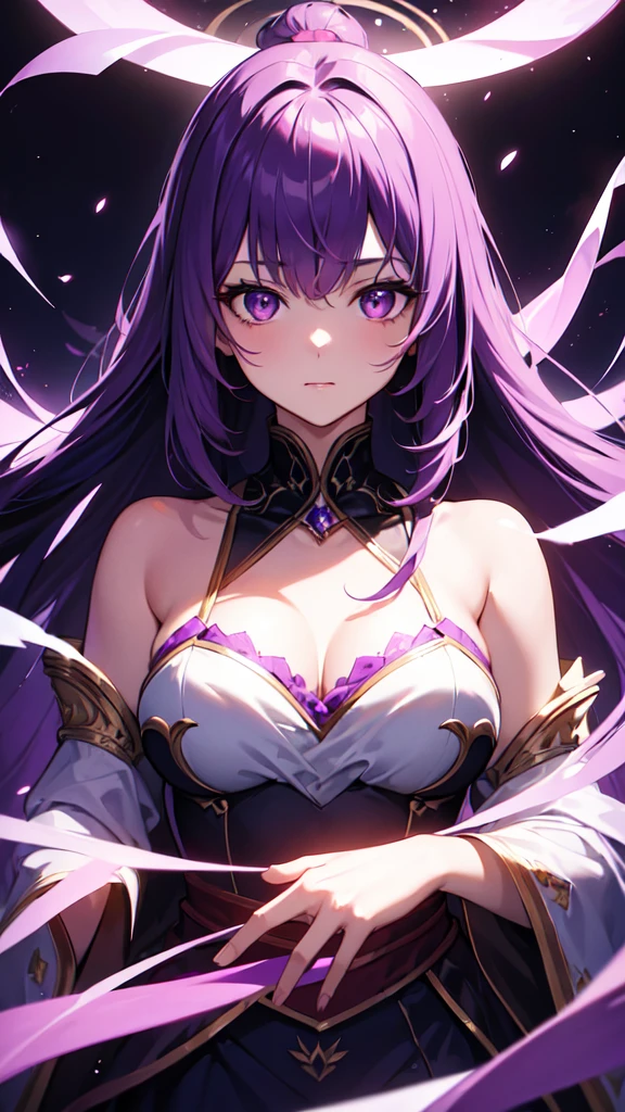 (((masterpiece))), best quality, illustration, 4K wallpaper, cinematic light, Absurdres, protrait of 1girl, long hair, purple crystal hair, glow hair, bloom hair, clothing princess, looking front