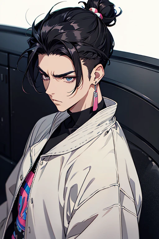 man gradient anime young black hair with low bun shaved sides turns hair to the left side in the middle serious face with black earrings sweatshirt