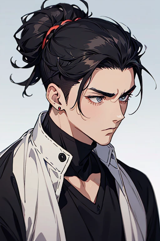man gradient anime young black hair with low bun shaved sides turns hair to the left side in the middle serious face with black earrings sweatshirt