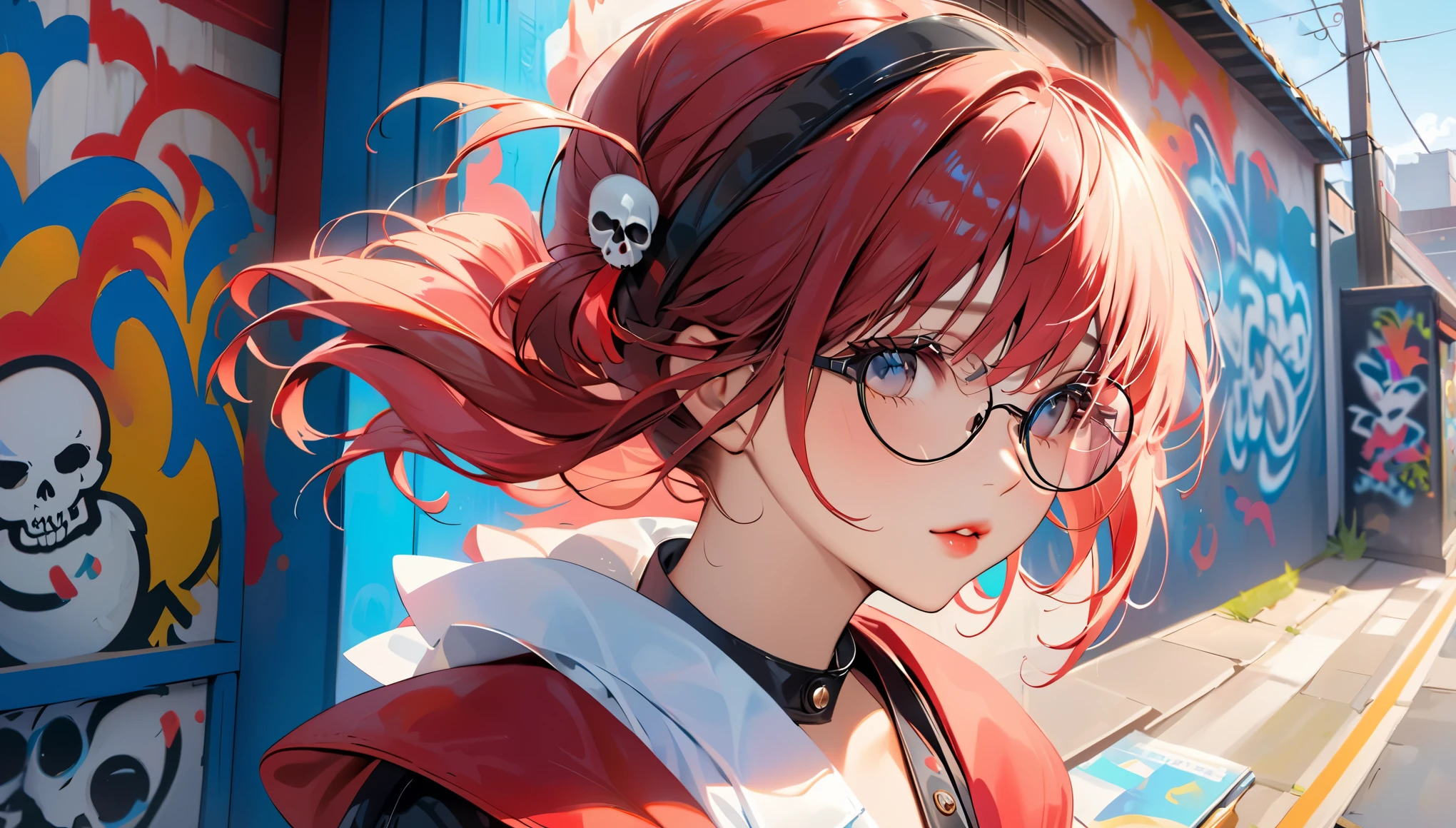 8k resolution、((Of the highest quality))、((Obra maestra))、((super detailed))、1 hembra、alone、incredibly absurd、 (((The most beautiful girl of all time..))), (((gafas de sol con estilo))), labios enamorados, Gorra elegante,pelo corto、small breasts, ((skull(pared de arte graffiti))), cabello colorido, provocativo