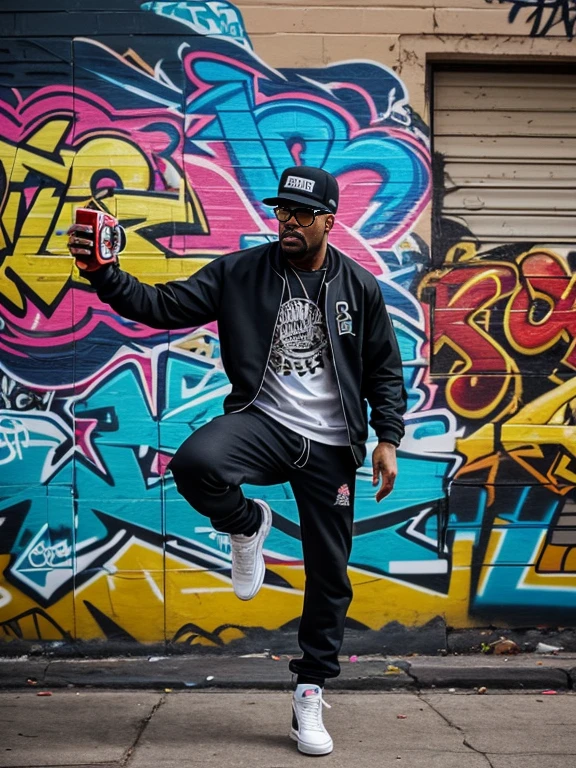 Street Dancer,RUN DMC,south bronx hiphop, hip hop, wrap ,Graffiti art, against the backdrop of the city,(80's), (Boombox), Intricate details, Super detailed , Cinema Soft Light, Exposure Blending, Dynamic Range, front