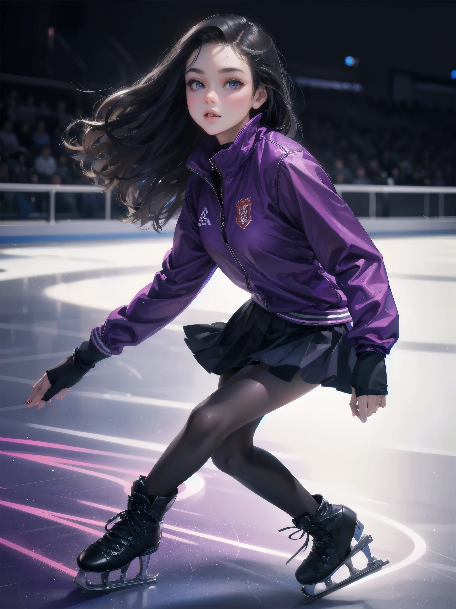 high quality,HD,16k,sharp lines,1 girl,Female figureskate athlete ,cute face, large breasts, nice legs,At the figureskate venue,focus girl,detailed beautiful face,detailed clothes,beautiful eyes,cool,dynamic angle